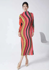 Women's Couture Plissé Pleated Japanese Midi Dress Mock Neck | HEYFANCYSTYLE